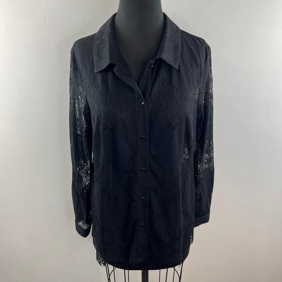 CABI St. Regis Black Blouse Floral Sheer Lace Collared Button-Up Size Medium M - Picture 3 of 11